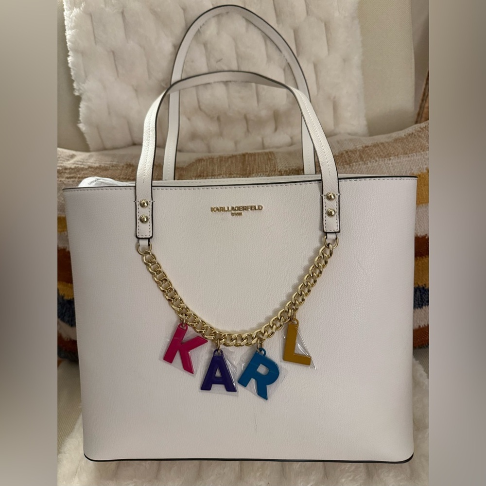 Karl Lagerfeld Paris Maybelle Tote Bag White Gold Chain Charm NWOT - Picture 2 of 11